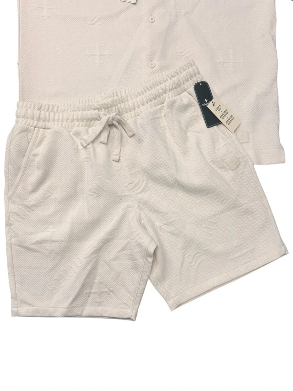 Saints White Knit Short Sleeve Button Shirt & Drawstring Shorts Set Size L NWT